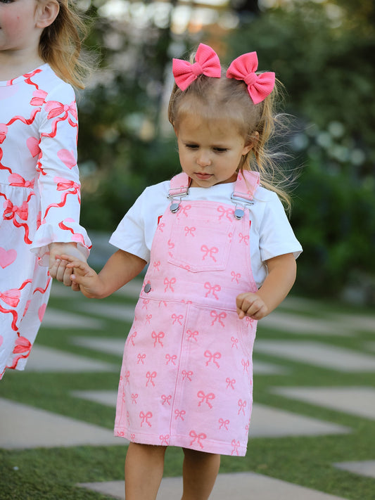 Barbara Pink Bow Denim Overall Dress for Girls
