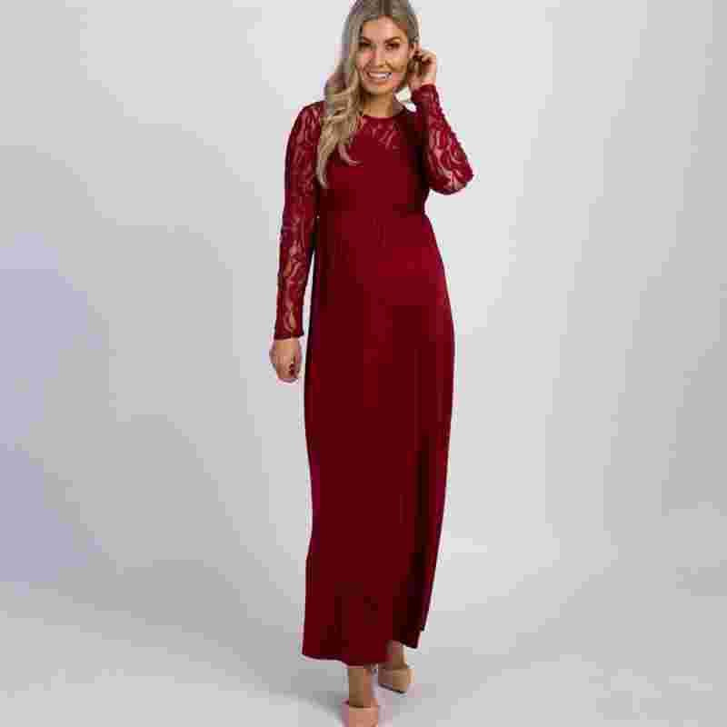 Greter Maternity Lace Dress - Long Sleeve Round Neck Solid Color