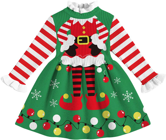 Sweater Dress-Kids Long Sleeve Ribbed Knit-Winter-Xmas Snowflakes Dresses-Cute Fake Light Print Holiday Festival Dress Warm