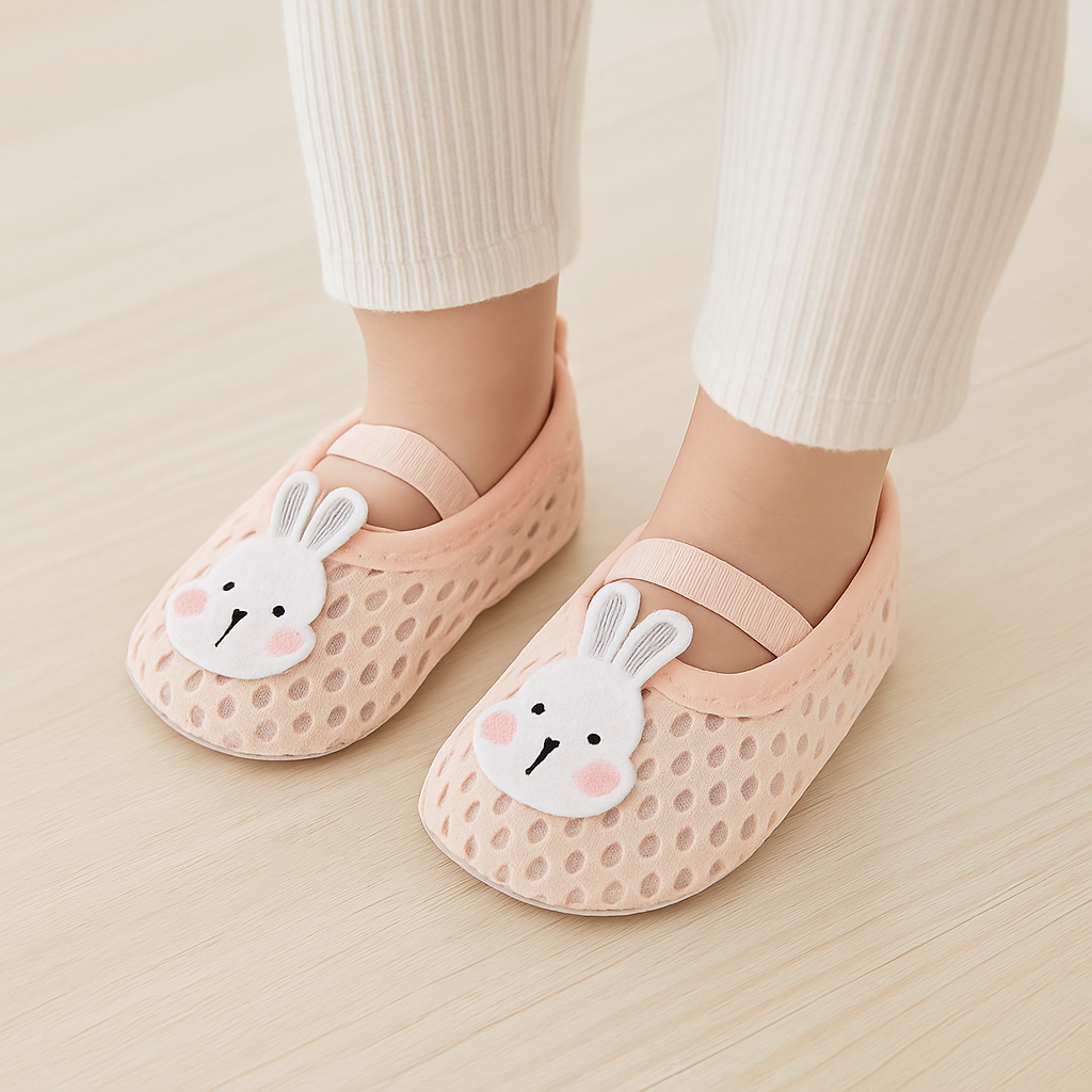 Children's pink shoes with bunny face designs on a light wooden floor.