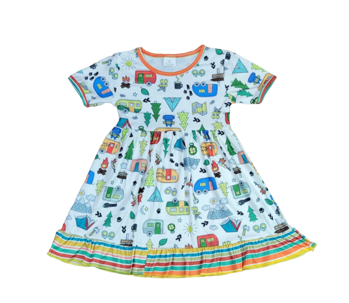 Ellionalda Camping Short Sleeve Ruffle Milk Silk Dress