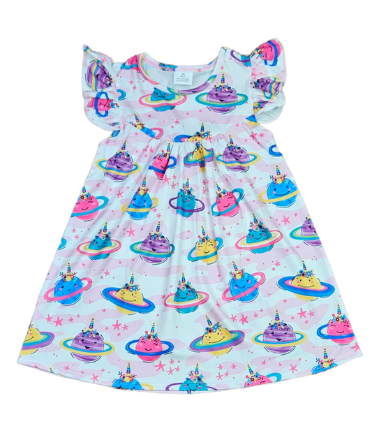 Denise Unicorn Planets Milk Silk Flutter Dress