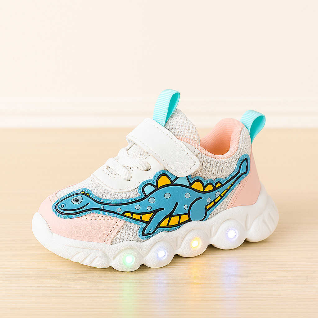 Children's sneaker with dinosaur design and LED lights on a beige background