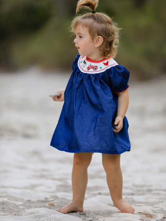 Katherine Girls Farm Smocking Embroidered Blue Dress