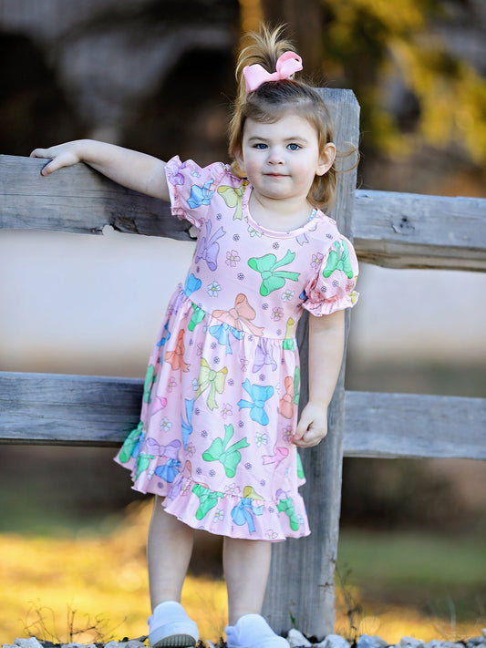 Delcia Colorful Bow Print Ruffles Girls Dress