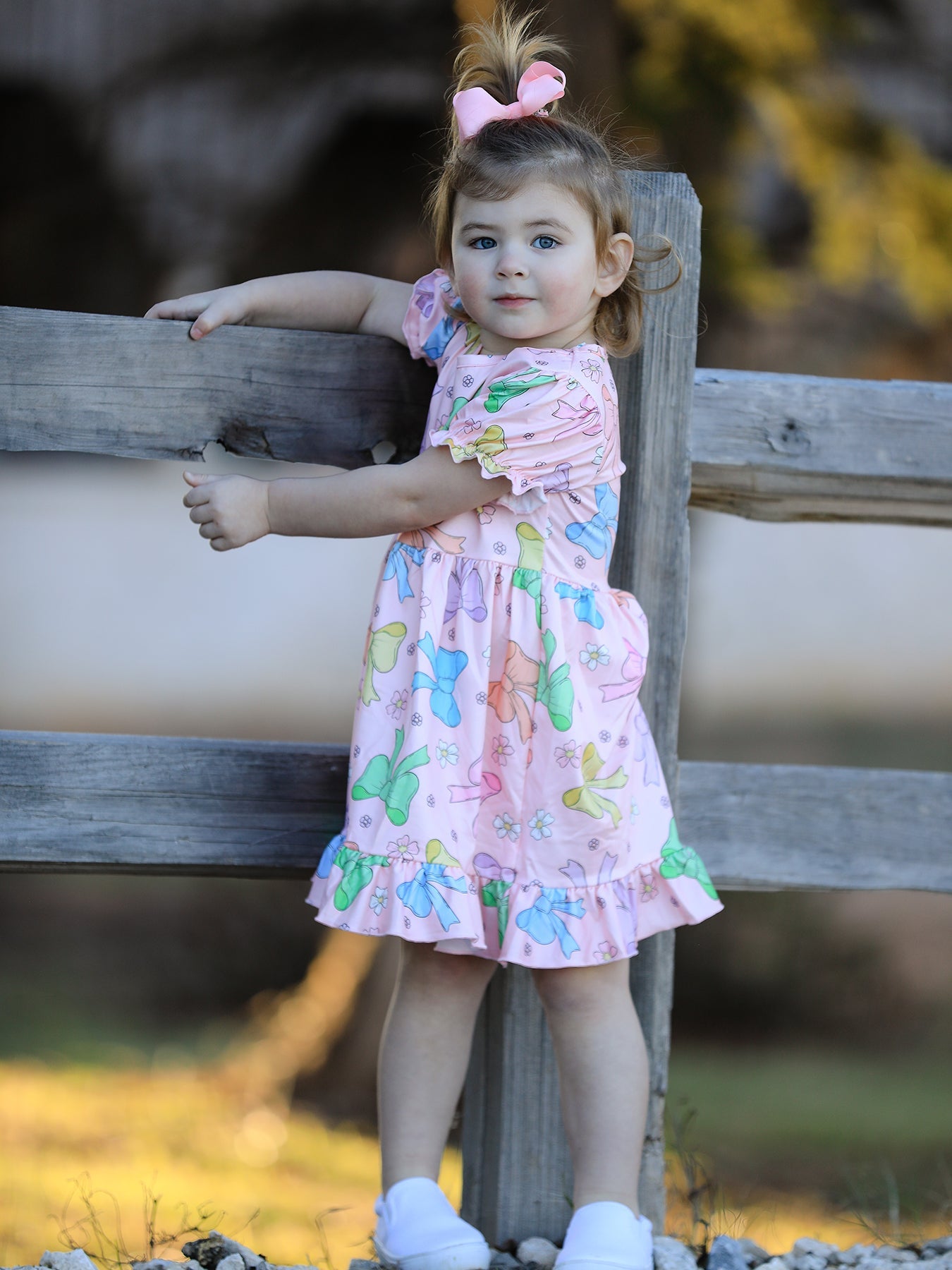 Delcia Colorful Bow Print Ruffles Girls Dress