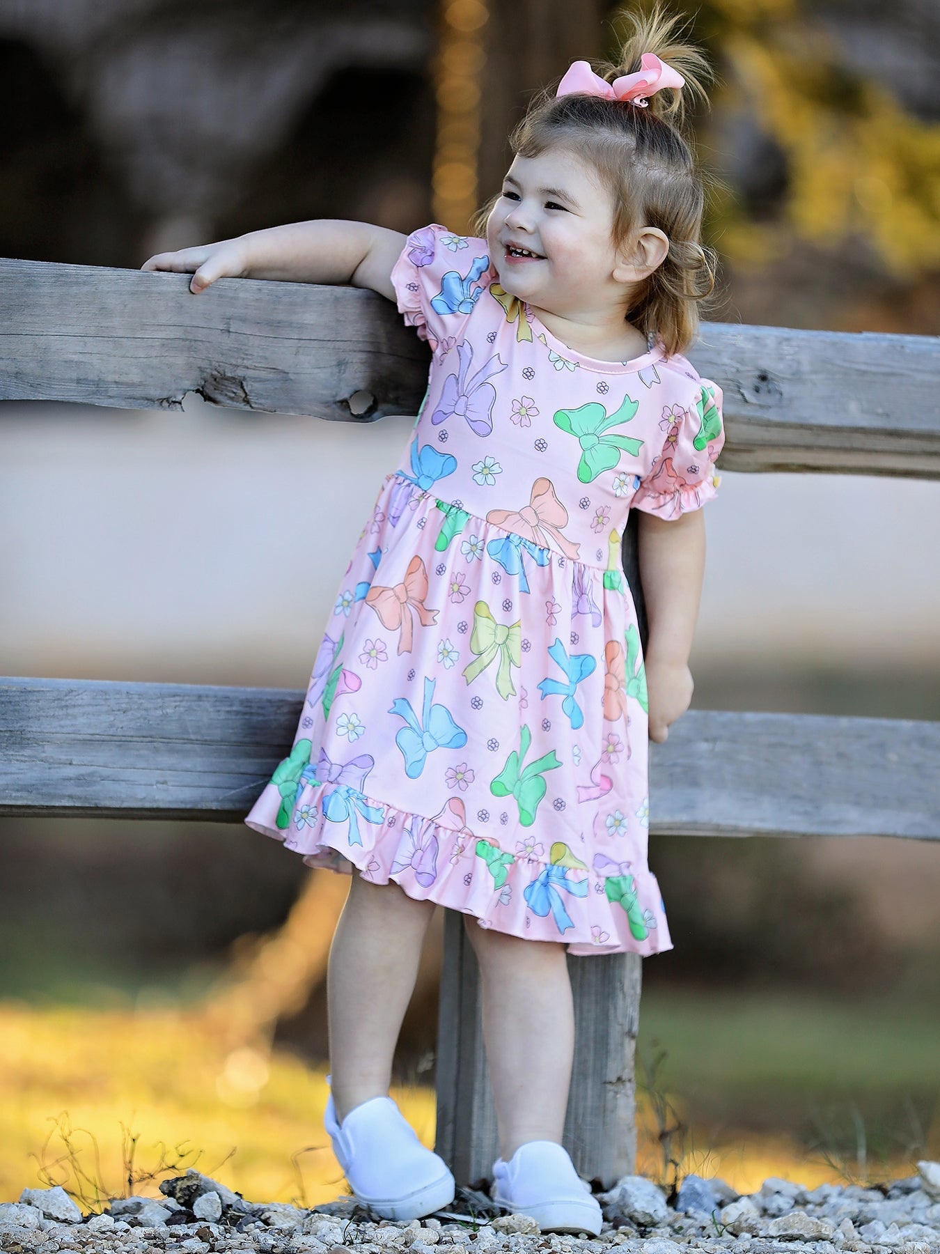 Delcia Colorful Bow Print Ruffles Girls Dress