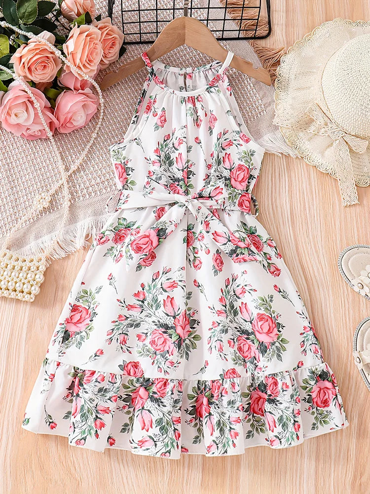 Girls' Summer Romantic Floral Pattern Spliced Dress