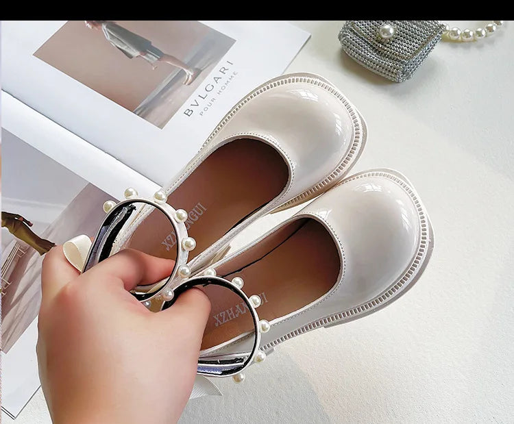 Small Pearl Leather Shoes for Girls, Soft Soles for Children