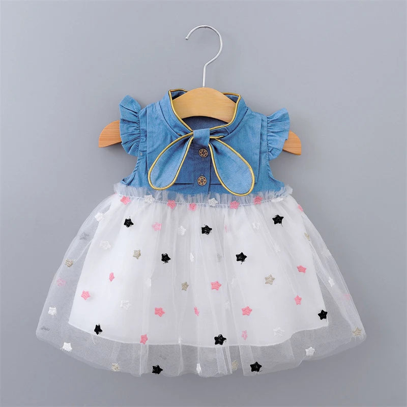 Baby Girls Dresses Summer 1-4Years Kids Tulle Dress Ruffles Sleeve Denim Cotton Mesh