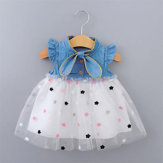 Baby Girls Dresses Summer 1-4Years Kids Tulle Dress Ruffles Sleeve Denim Cotton Mesh