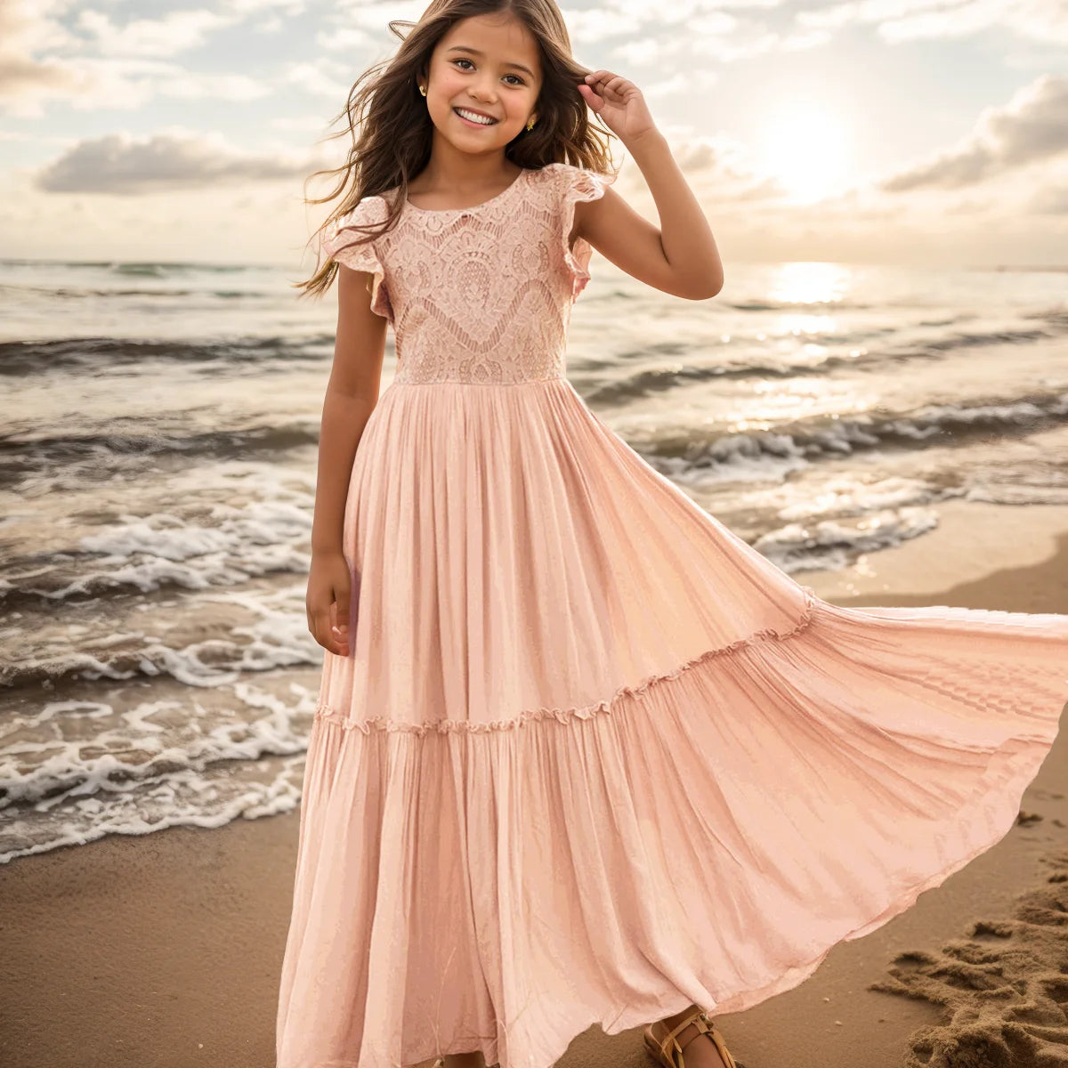 Girls Lace Bohemia Long Dresses Baby Kids Flower Wedding Princess Dress