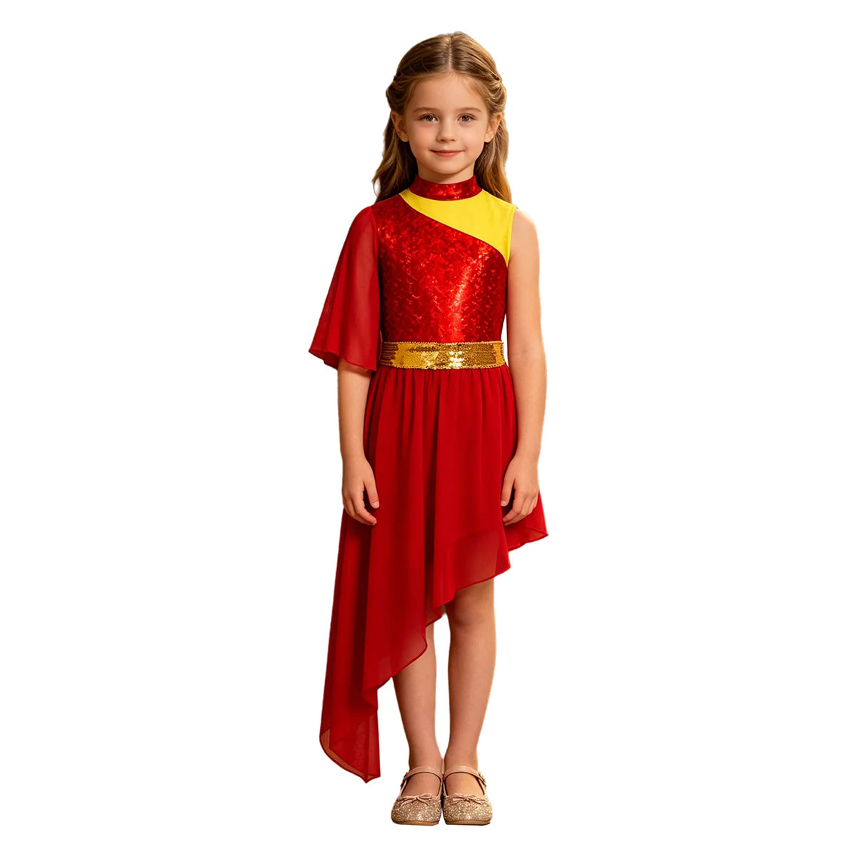 Kids Girls Lyrical Contemporary Worship Liturgical Praise Dance Dress Flare Sleeve Sequin Splice Dress Performance Costume