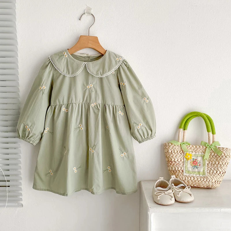 Spring Clothes Pastoral Baby Girls Dress Autumn Embroidery Cotton Floral Doll Dress