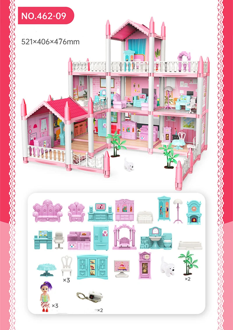 Girls Toddler Doll House - Large Doll House with 4 Dolls, Furniture, Accessories, LED Lights, 4 Stories Princess Dream House Toy