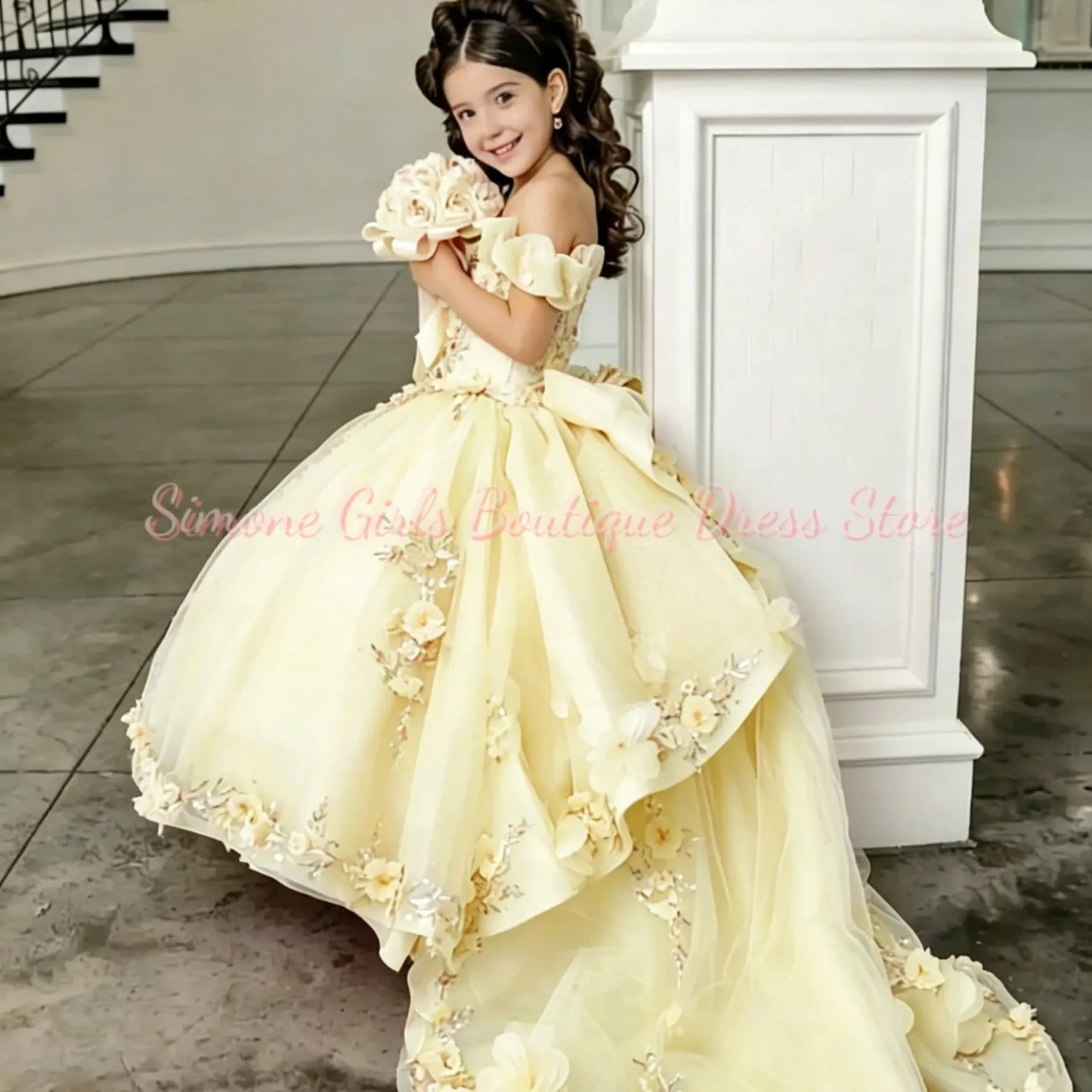 Girl Gown Flower Girl Dress for Wedding Off The Shoulder Applique Tulle Puffy