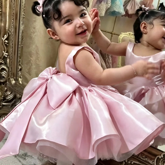 Baby Girl Satin Flower Girl Dress Low Back Thin Straps Bow Luxury Princess Gown  Dress