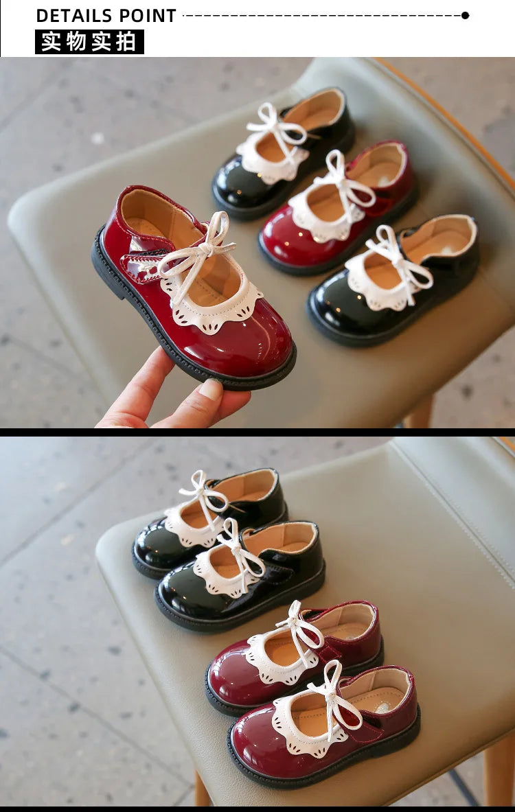 Girl's Princess Shoes Wine Red Black Ruffles Elegant Patent Leather Bowknot Children Flat Shoes 21-35 Toddler Kids Single Shoe