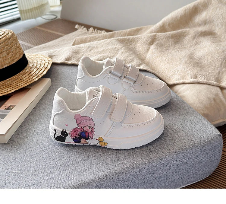 Girls White Shoes with Cartoon Girl Cat Prints Kids Casual Sneakers Fashion 2026 Spring Autumn Fashion Non-slip Classic 21-38