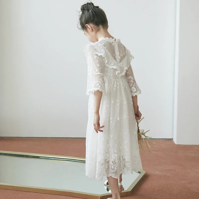 Korean Girls Dress Princess Party Wedding Lace Embroidery Long Dress