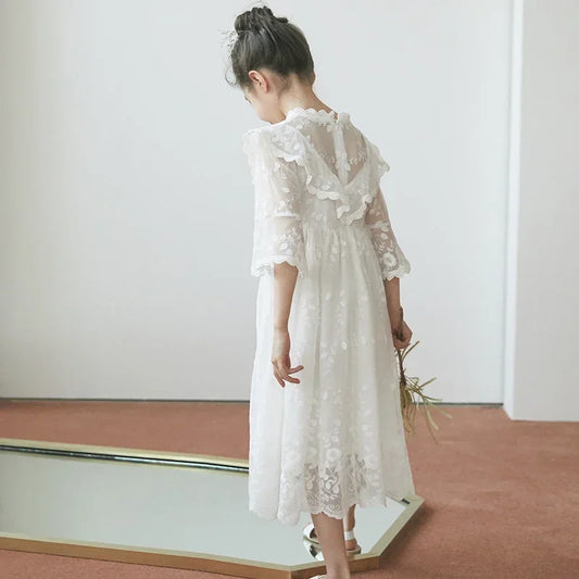 Korean Girls Dress Princess Party Wedding Lace Embroidery Long Dress