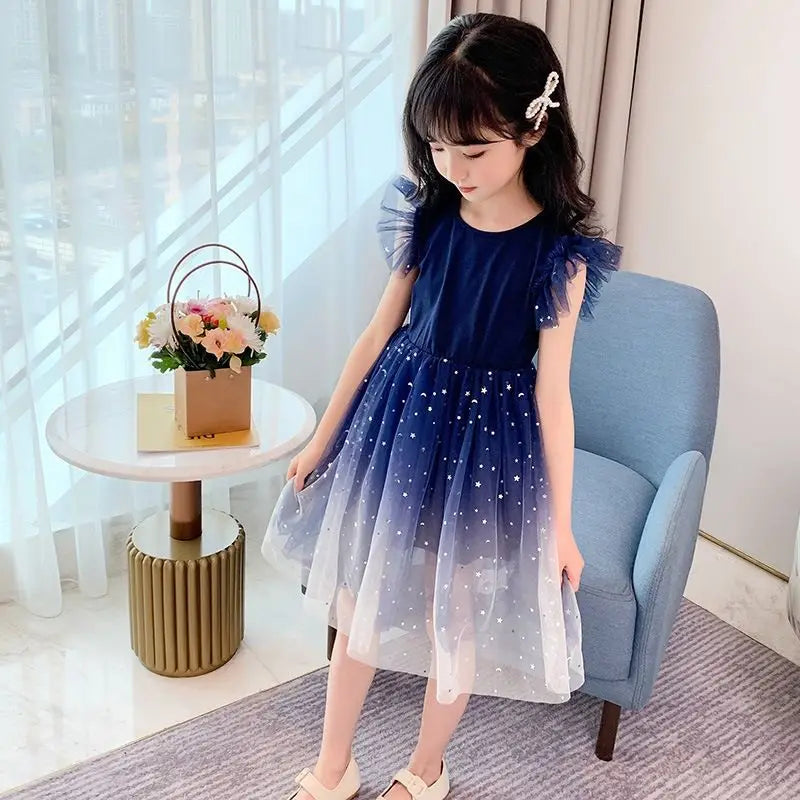 Summer Sleeveless Fashion Gauze Dress Girls Starry Sky Gradient Princess Dress