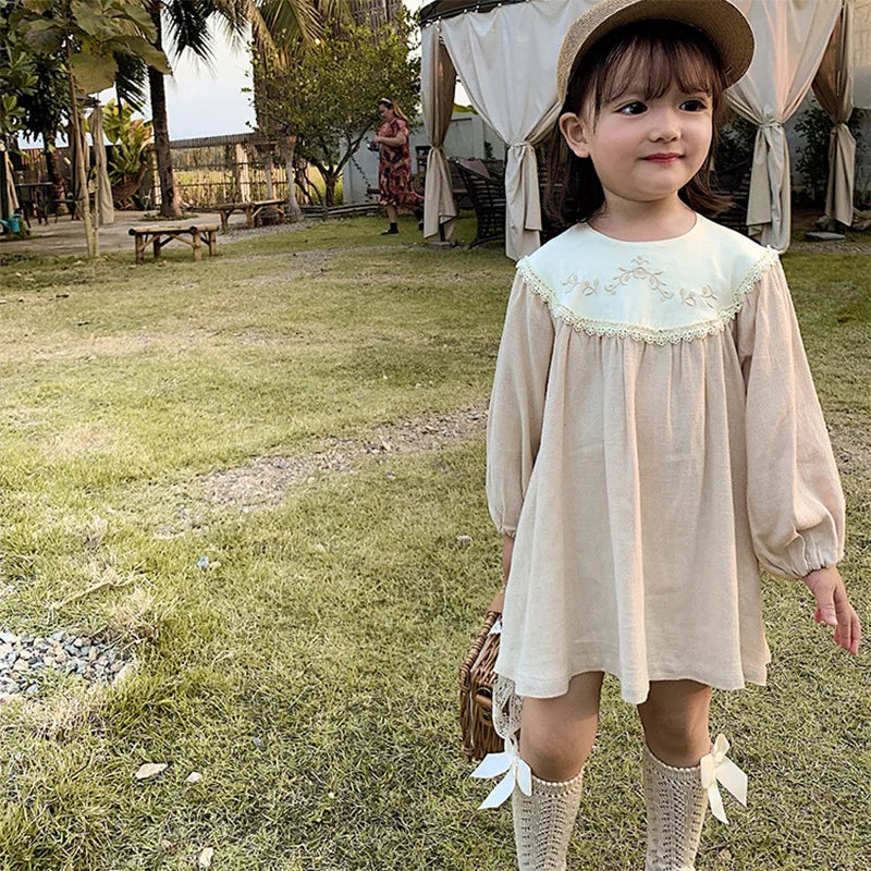 Toddler Girls Retro Dress Spring Autumn Cotton Lace Spliced Children Girls Dresses