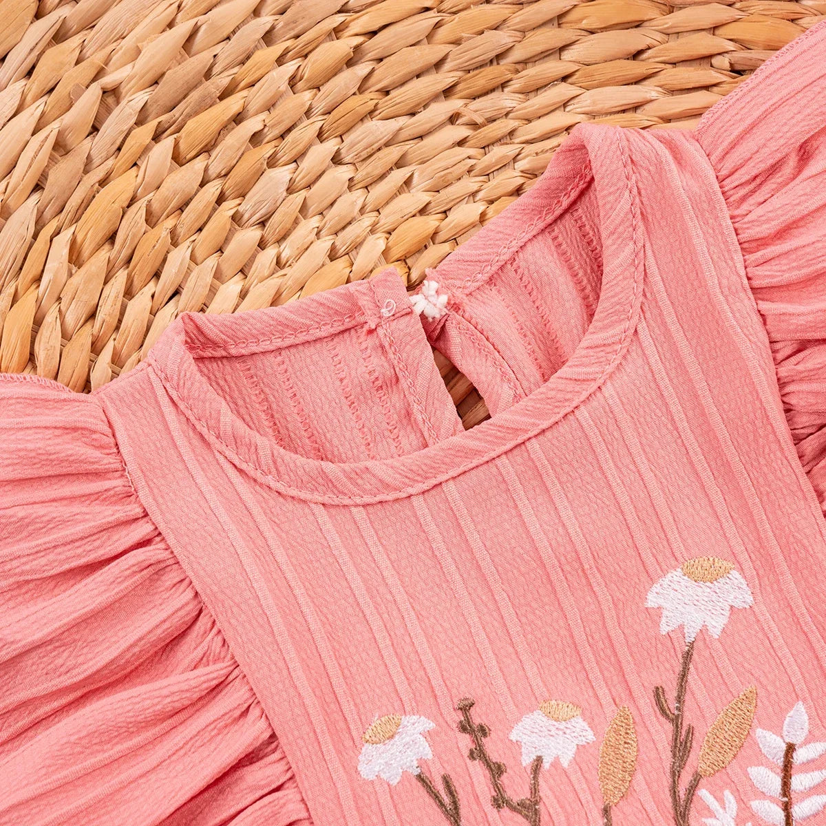 Baby Girls Floral Embroidery Dress Knee-Length with Ruffled Sleeves