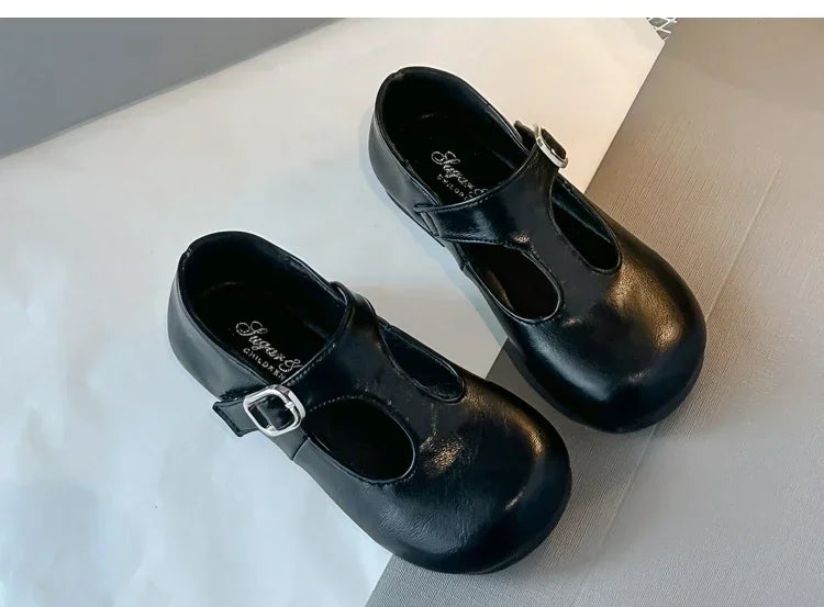 Girls Princess Shoes Black Round Toes 2025 New Fashion Kids Performance Shoes Pu Leather Non-slip Children Flat Shoes Hook&loop