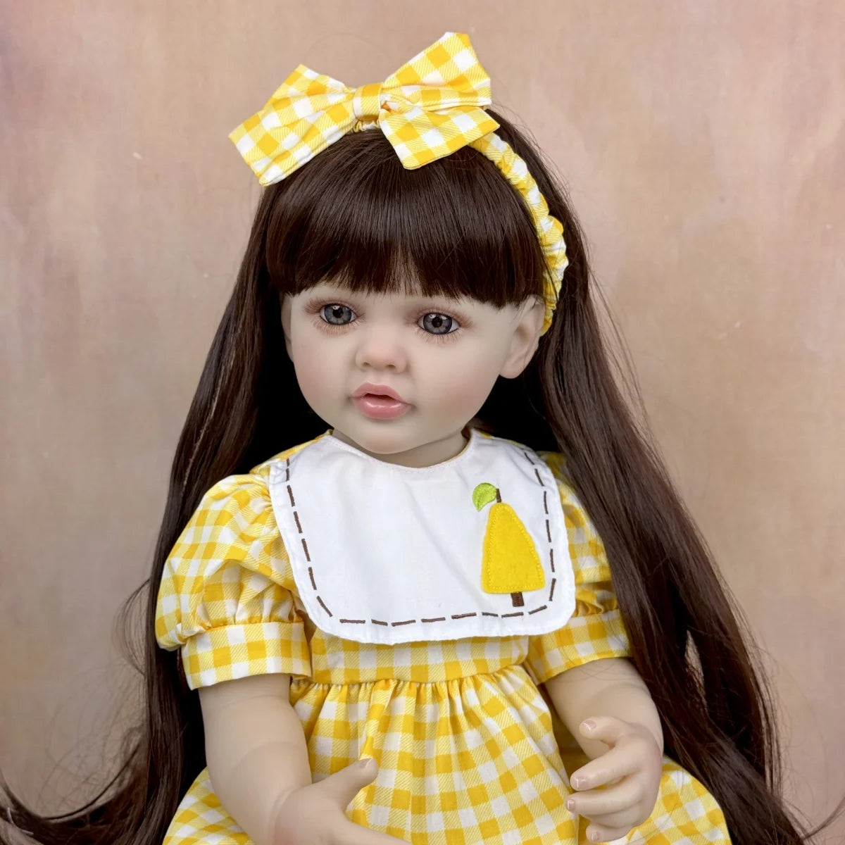 BZDOLL 55 CM Full Vinyl Body Reborn Baby Doll Toy Dress Up Brown Long Hair Princess Toddler Sweet Doll Handmade New Year Gift
