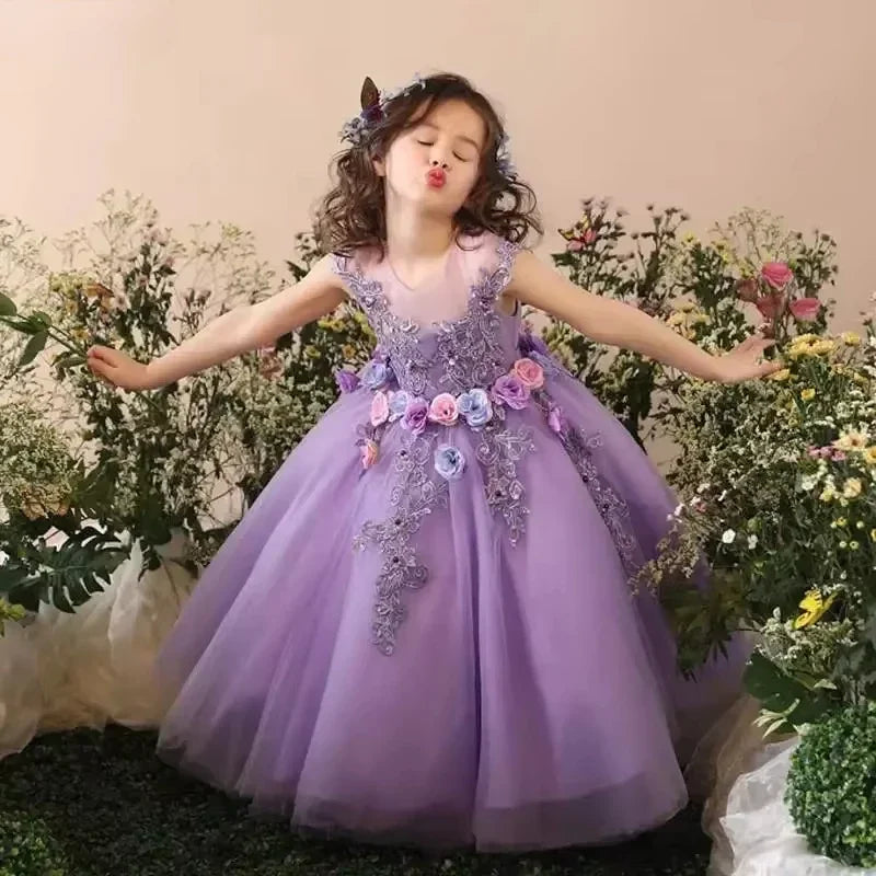 Girls Wedding Flower Girl Dress Sheer Neckline Floral Embroidered Tulle Gown 3D Flower Party Dress