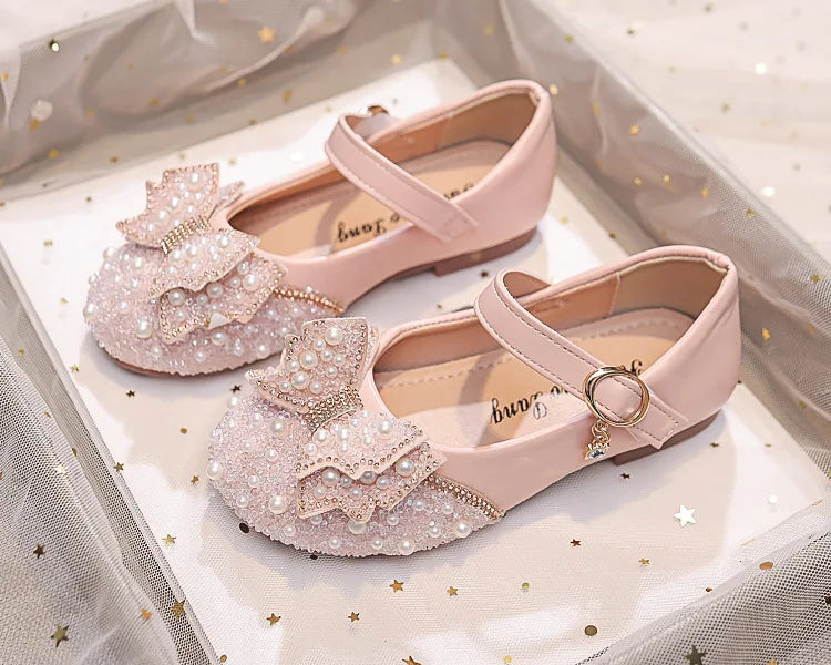 Autumn Fashion Pearl Bow Rhinestone Little Girl Shoes Flat Heels Kids Princess Shoes