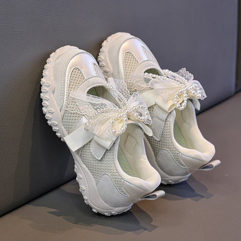 2026 Summer Kids Sport Sneakers for Girl Pearl Lace Mary Jane Flats Lightweight Non-Slip