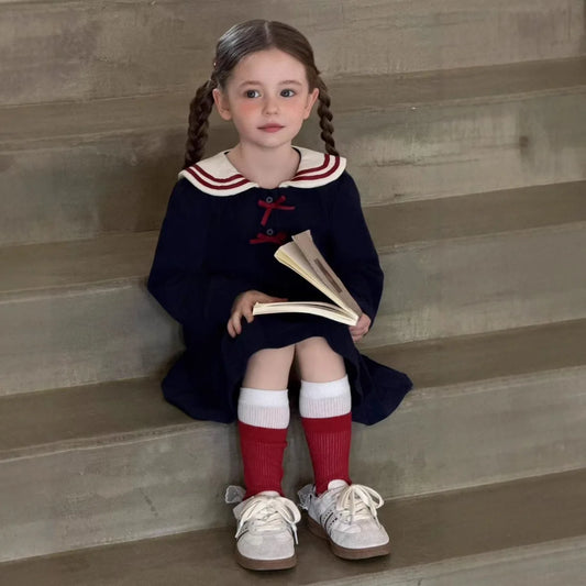 Girls Dress 2025 Autumn New Baby Girl Academy Navy Style Big Turn-down Collar Dress