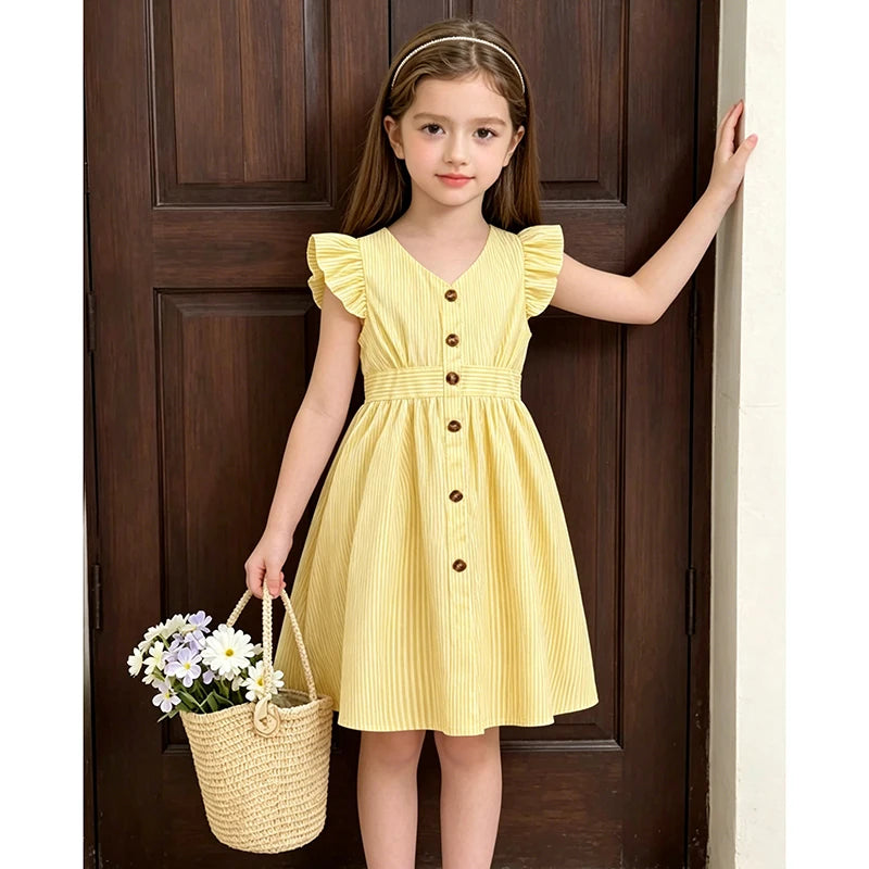 4-7 Years Girl Dress Summer New Stripe Ruffled Sleeveless V-Neck Dress