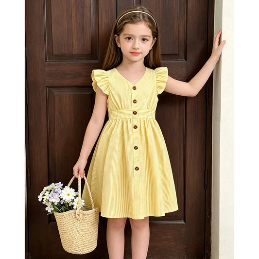 4-7 Years Girl Dress Summer New Stripe Ruffled Sleeveless V-Neck Dress