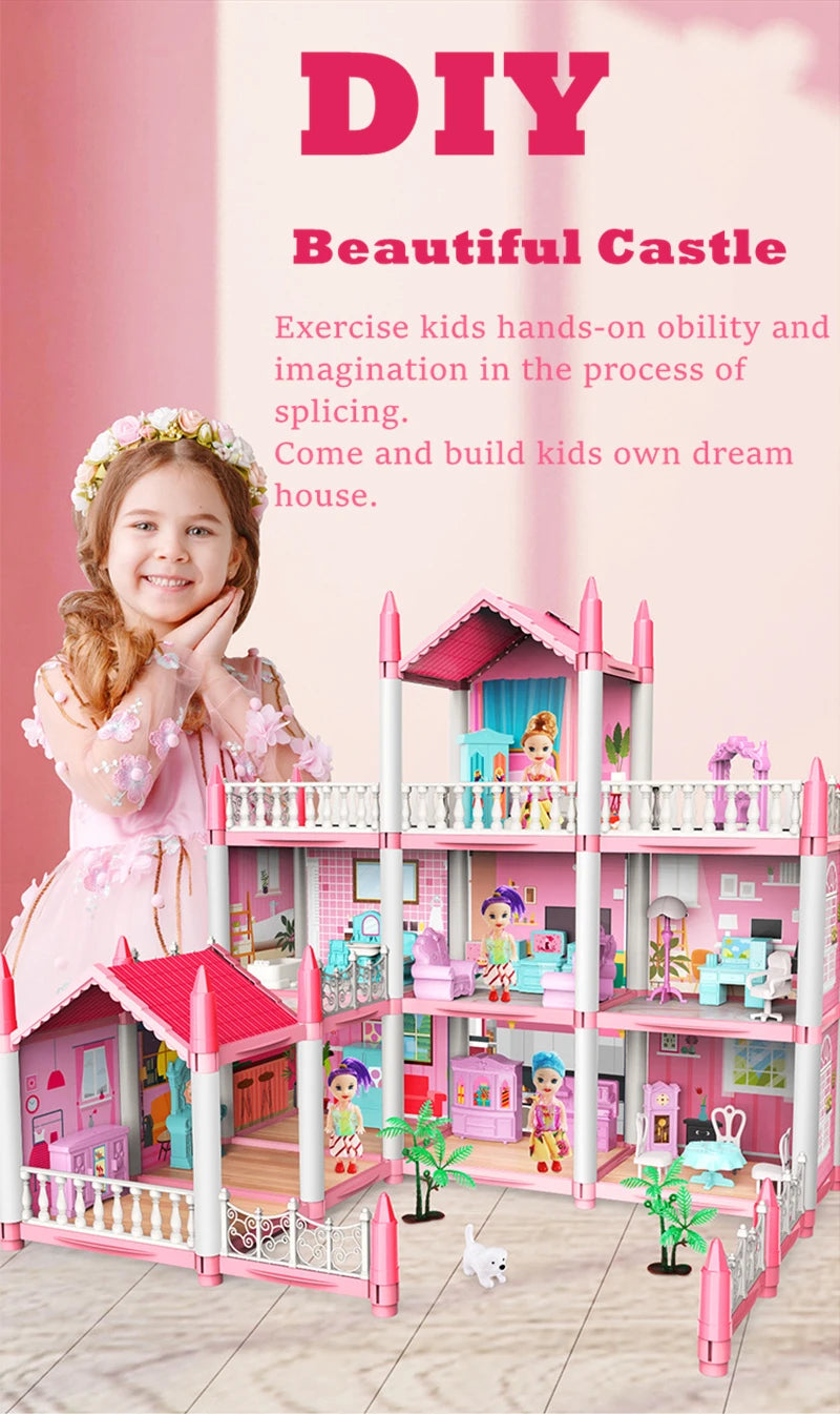 Girls Toddler Doll House - Large Doll House with 4 Dolls, Furniture, Accessories, LED Lights, 4 Stories Princess Dream House Toy