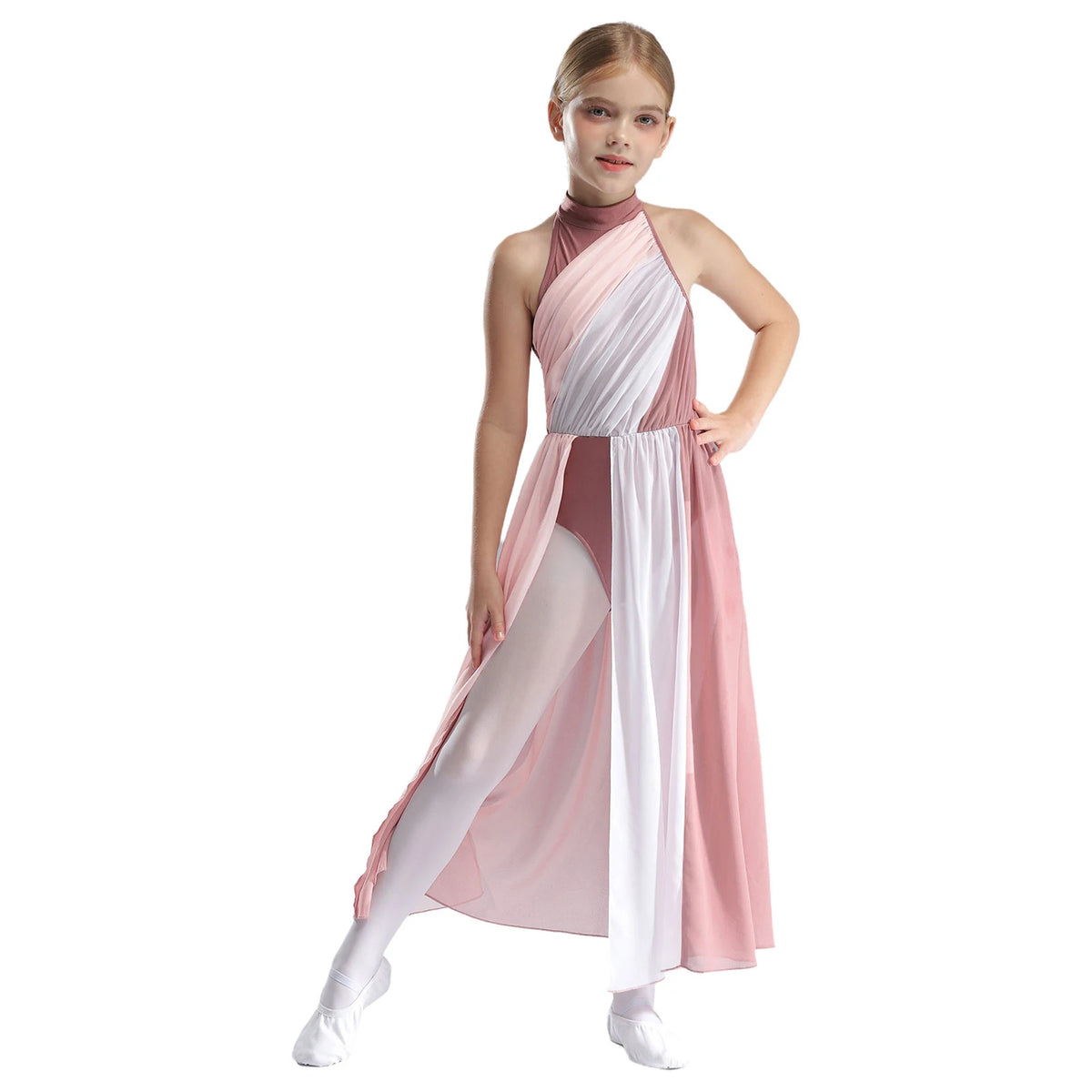 Girls Delicate 3D Flower Lyrical Dance Dress Asymmetrical Ruched Long Dress Gymnastics Modern Dance Clothes Performance Dress