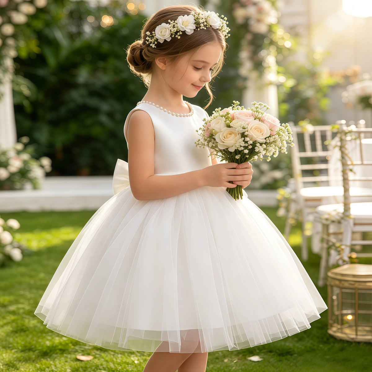 Girls Elegant White Communion Party Dress For Toddler Kids  Sleeveless Princess Tulle Dress