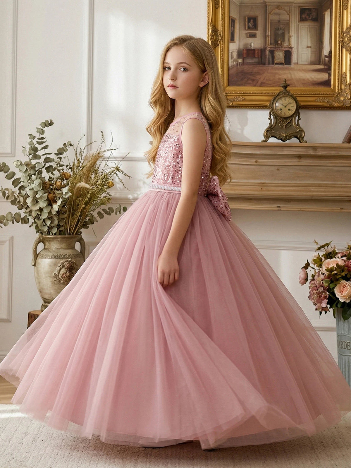 Girl Party Dress Pink Long-style Evening Dress with Large Bow V-neck A Magnificent Evening Dress, Birthday Party, Ball, Banquet