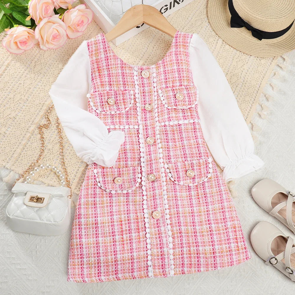 Menoea Girls' Dress 2023 Autumn New Girls' Plaid Round Neck Dress