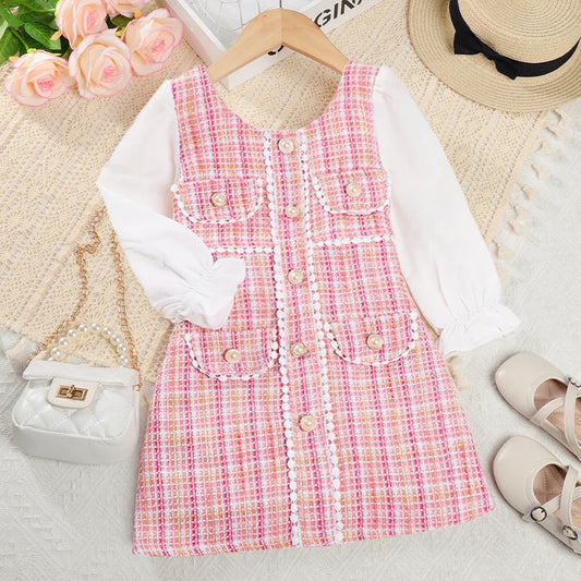 Menoea Girls' Dress 2023 Autumn New Girls' Plaid Round Neck Dress