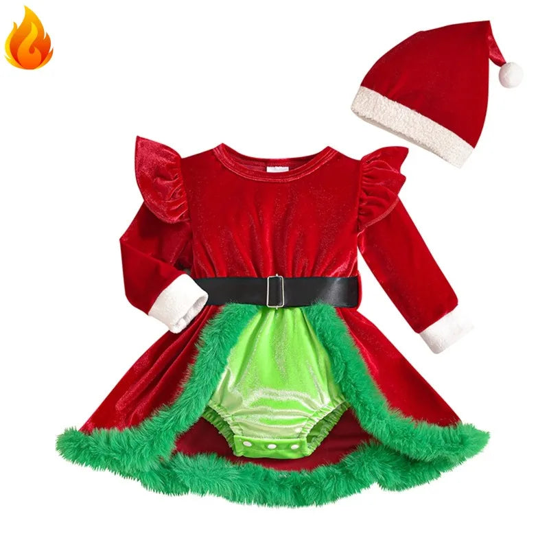 Baby Girl's Christmas Velvet Dress with PP shorts & Hat Set ,Pom pom Trim baby girl Dress
