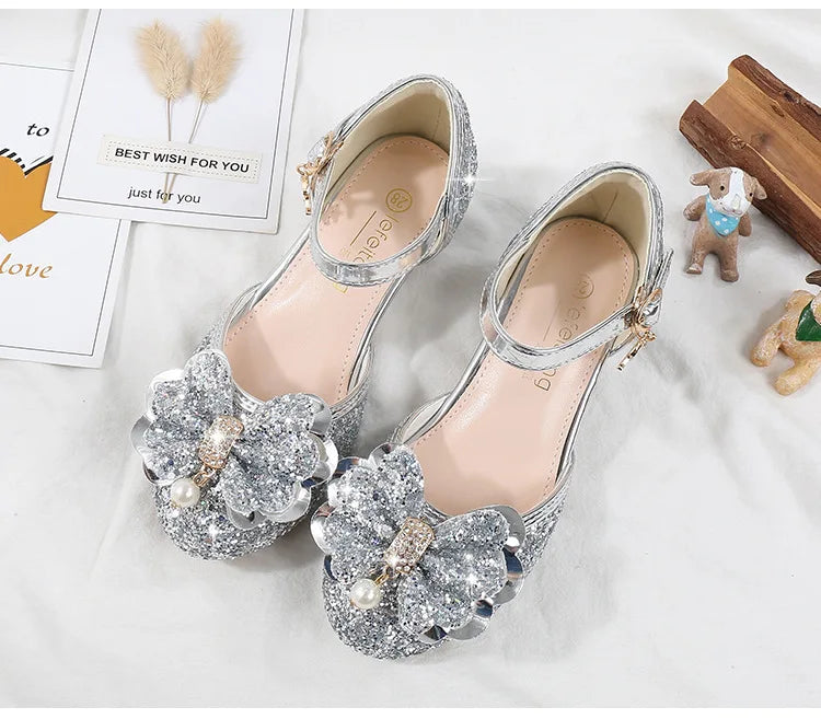 Girls' High Heels Fashion New Sequin Bow Shoes Children's Dance Single Shoes