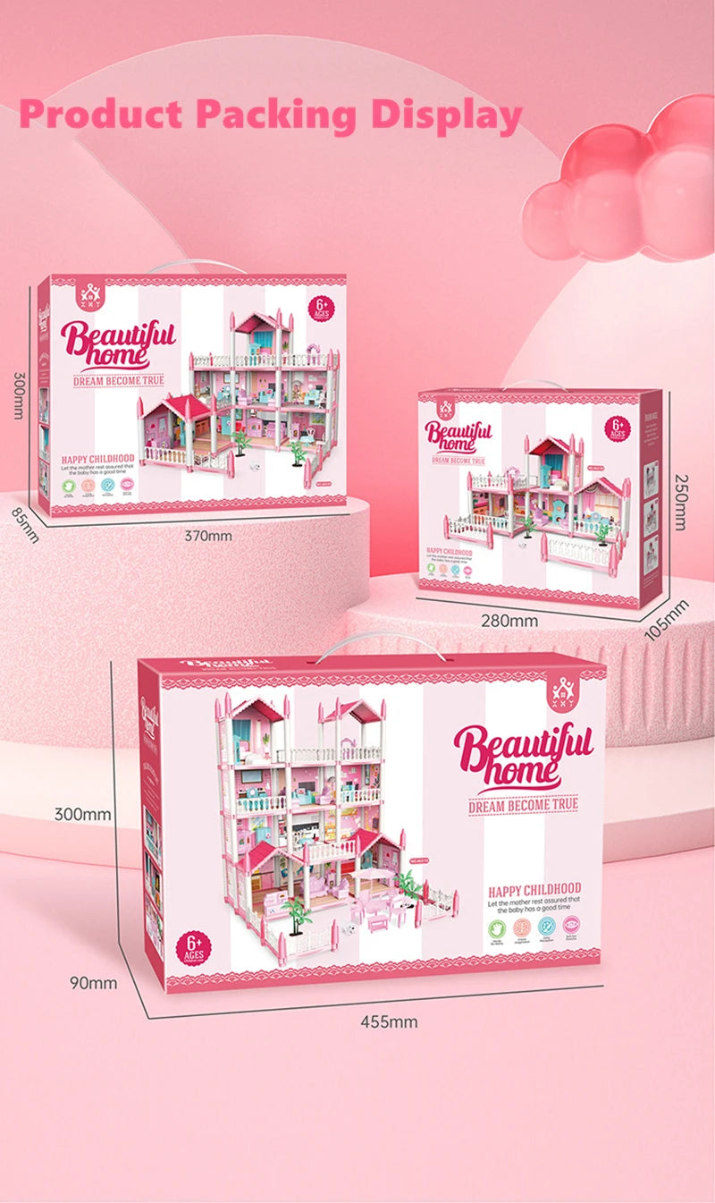Girls Toddler Doll House - Large Doll House with 4 Dolls, Furniture, Accessories, LED Lights, 4 Stories Princess Dream House Toy