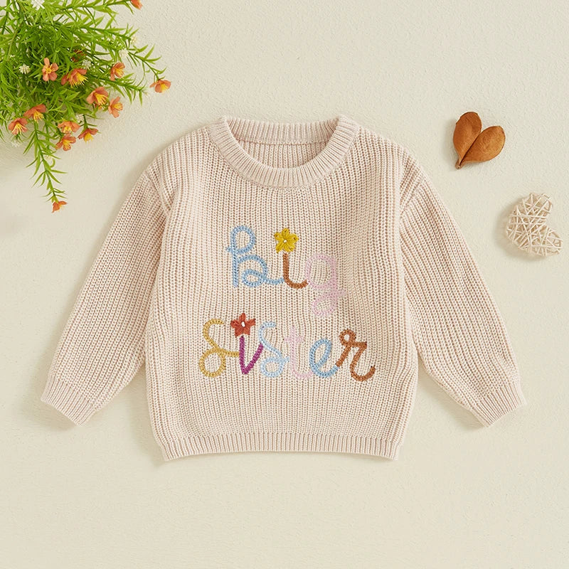 Nahiomy Girls Big Sister Fall Winter Sweater Casual Letter Flower Embroidery