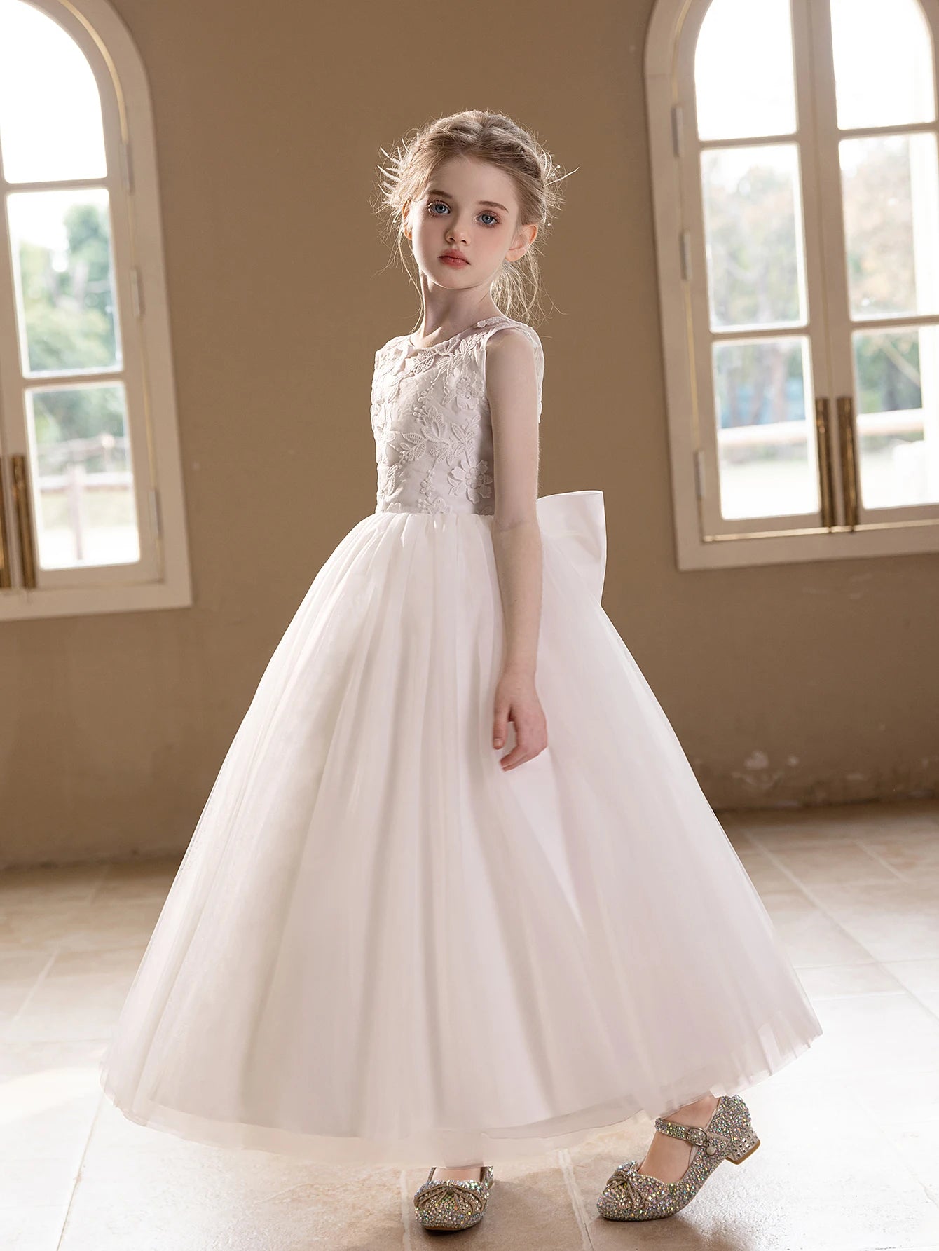 Teen Girls White Wedding Gauze Dress Lace Embroidery Big Bow  Dress