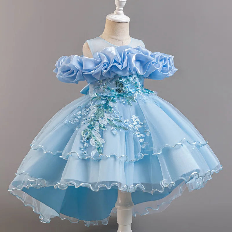 Girls Flower Girl Dress with Train Tulle Princess Gown Christmas Birthday Party Pageant Formal Dresses Kids Children Clothing