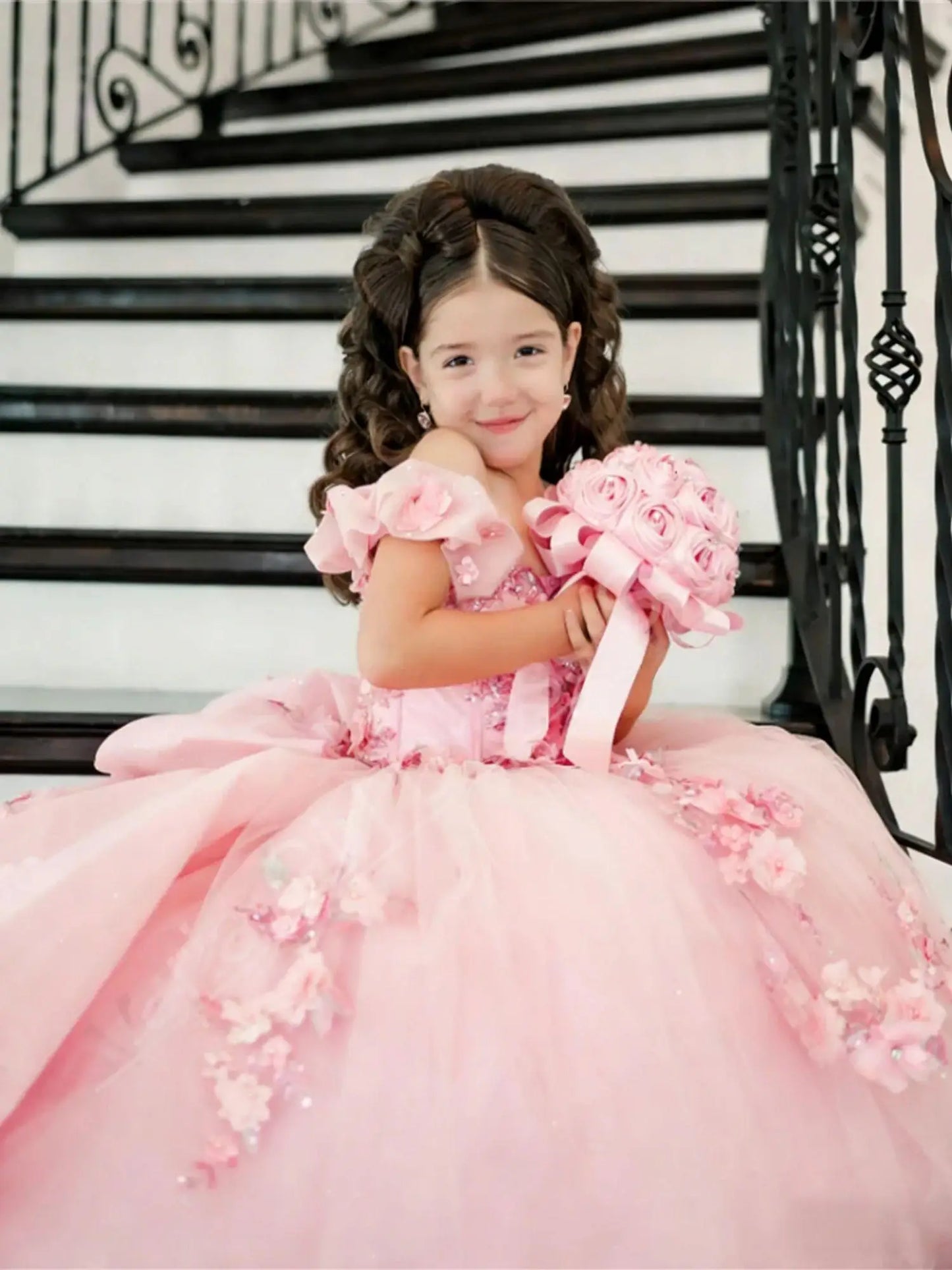 Girl Gown Flower Girl Dress for Wedding Off The Shoulder Applique Tulle Puffy