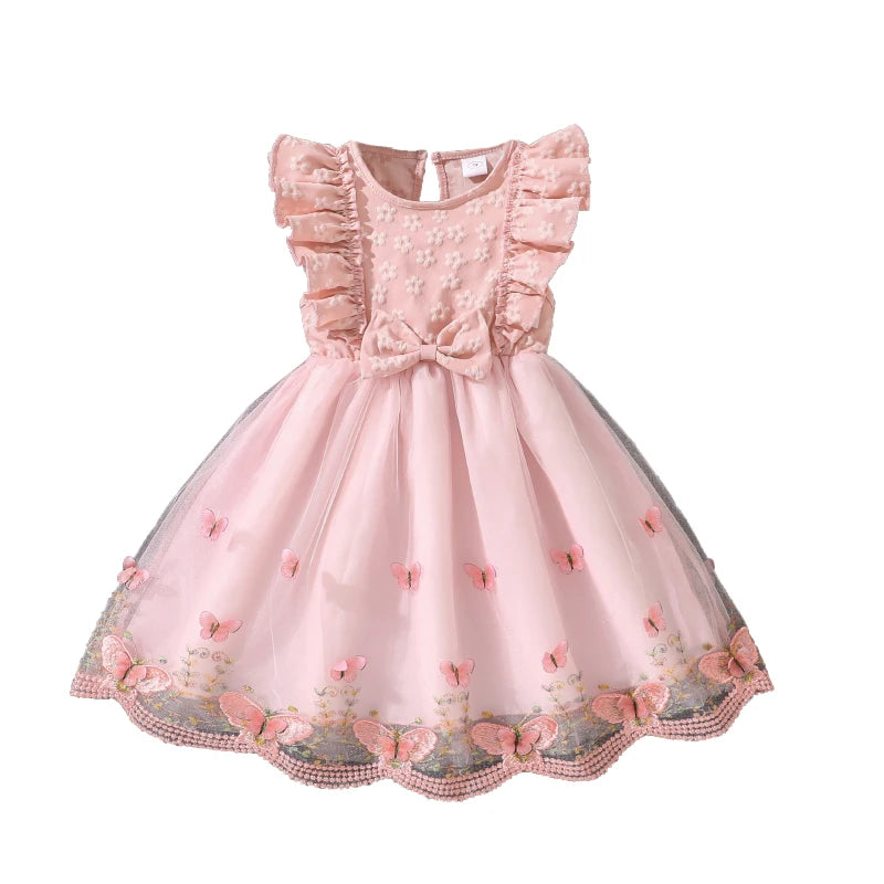 Dress For Girls Yellow O-Neck Fly-Sleeve Tulle Bowknot